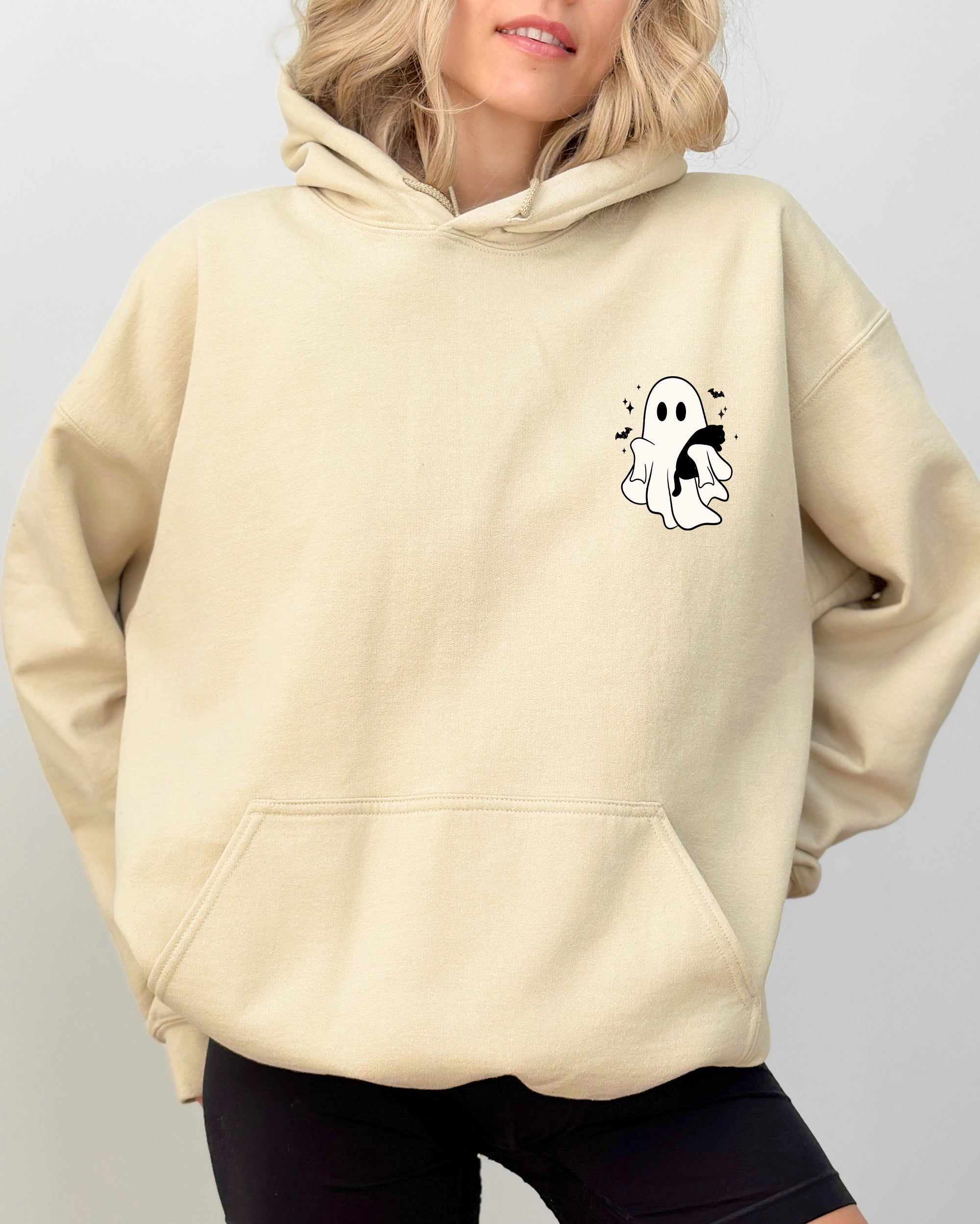 Cute Ghost With Cat Pocket Print Halloween Black Cat Witch Spooky Hooded Sweatshirt