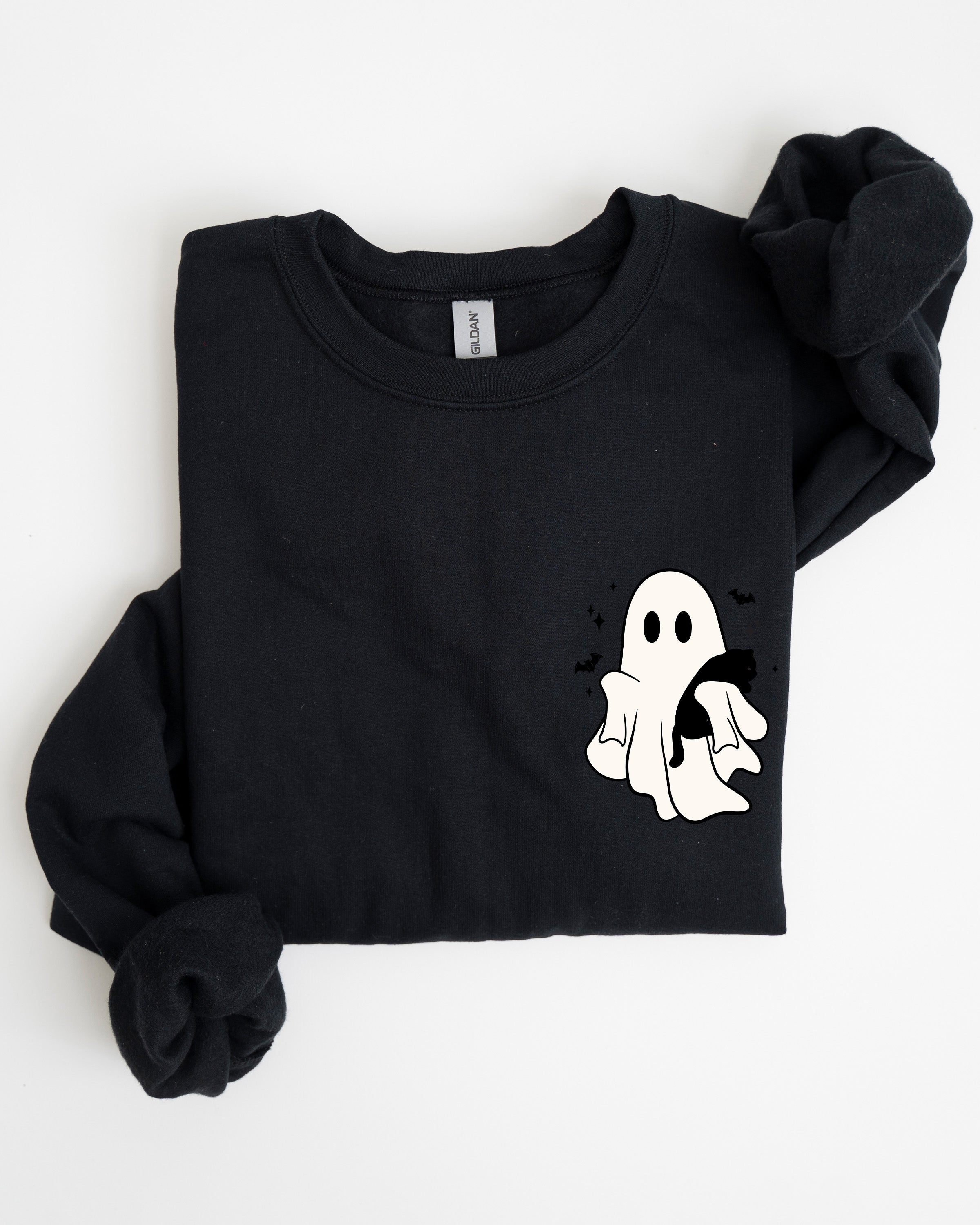 Cute Ghost With Cat Halloween Black Cat Witch Pocket Print Graphic Cozy Sweatshirt
