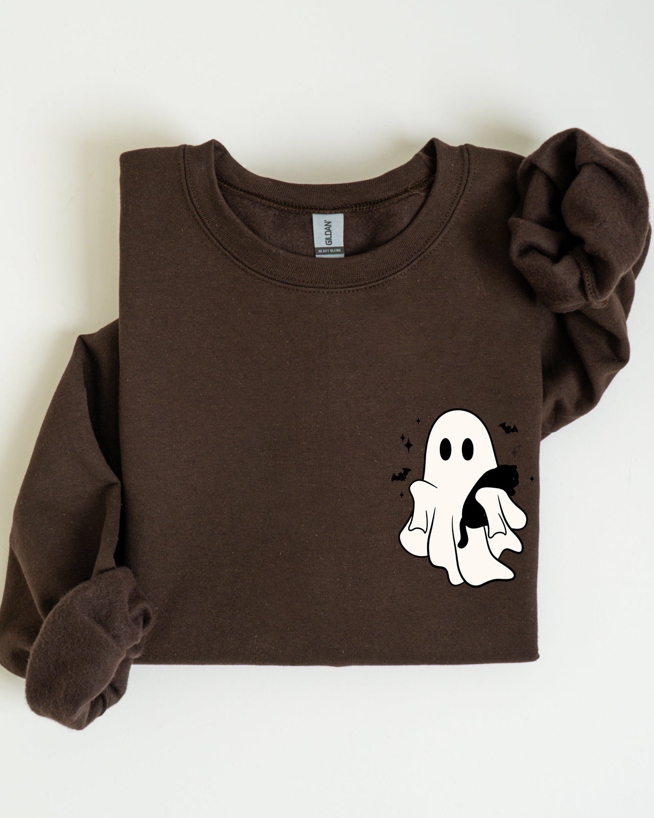 Cute Ghost With Cat Halloween Black Cat Witch Pocket Print Graphic Cozy Sweatshirt