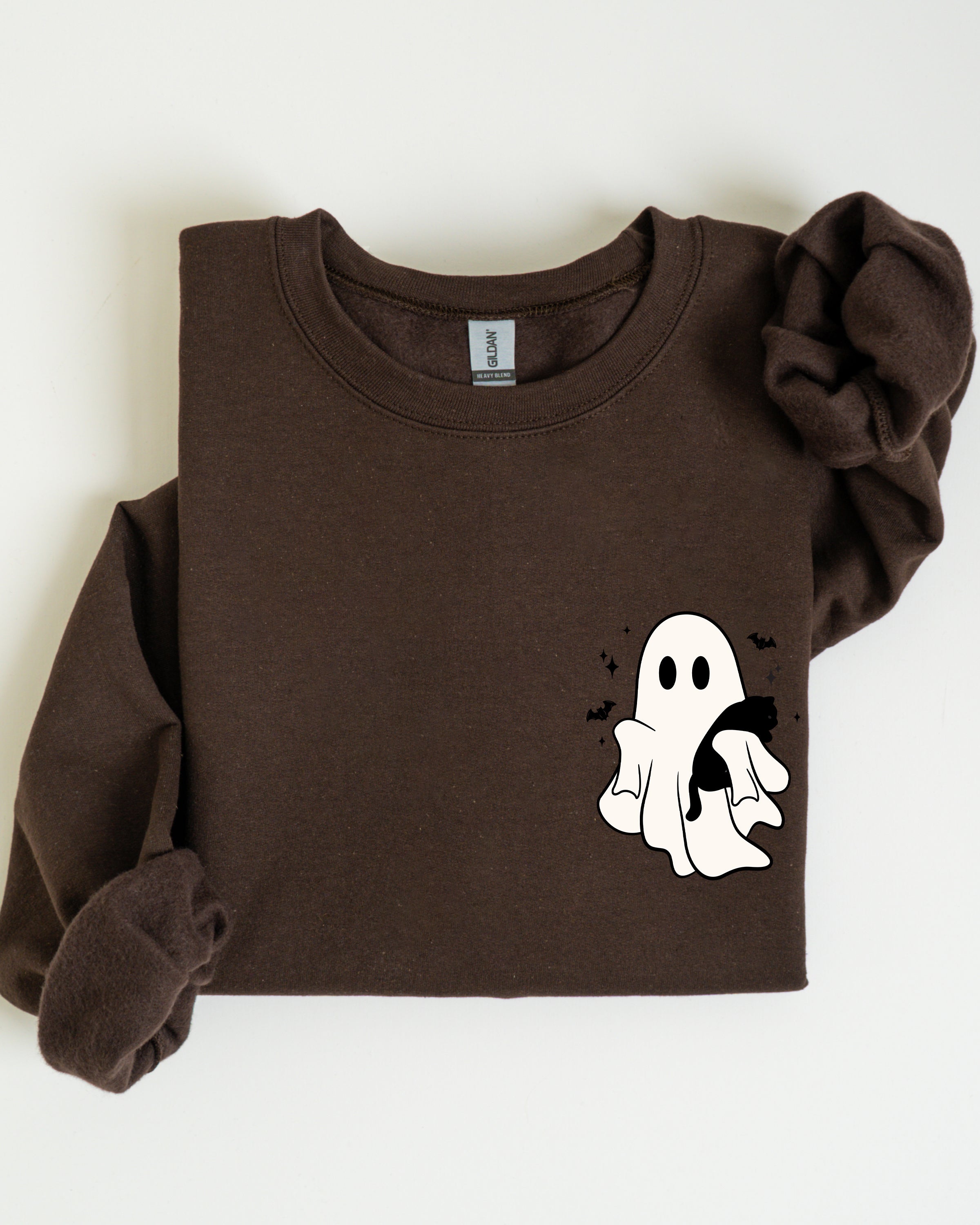 Cute Ghost With Cat Halloween Black Cat Witch Pocket Print Graphic Cozy Sweatshirt