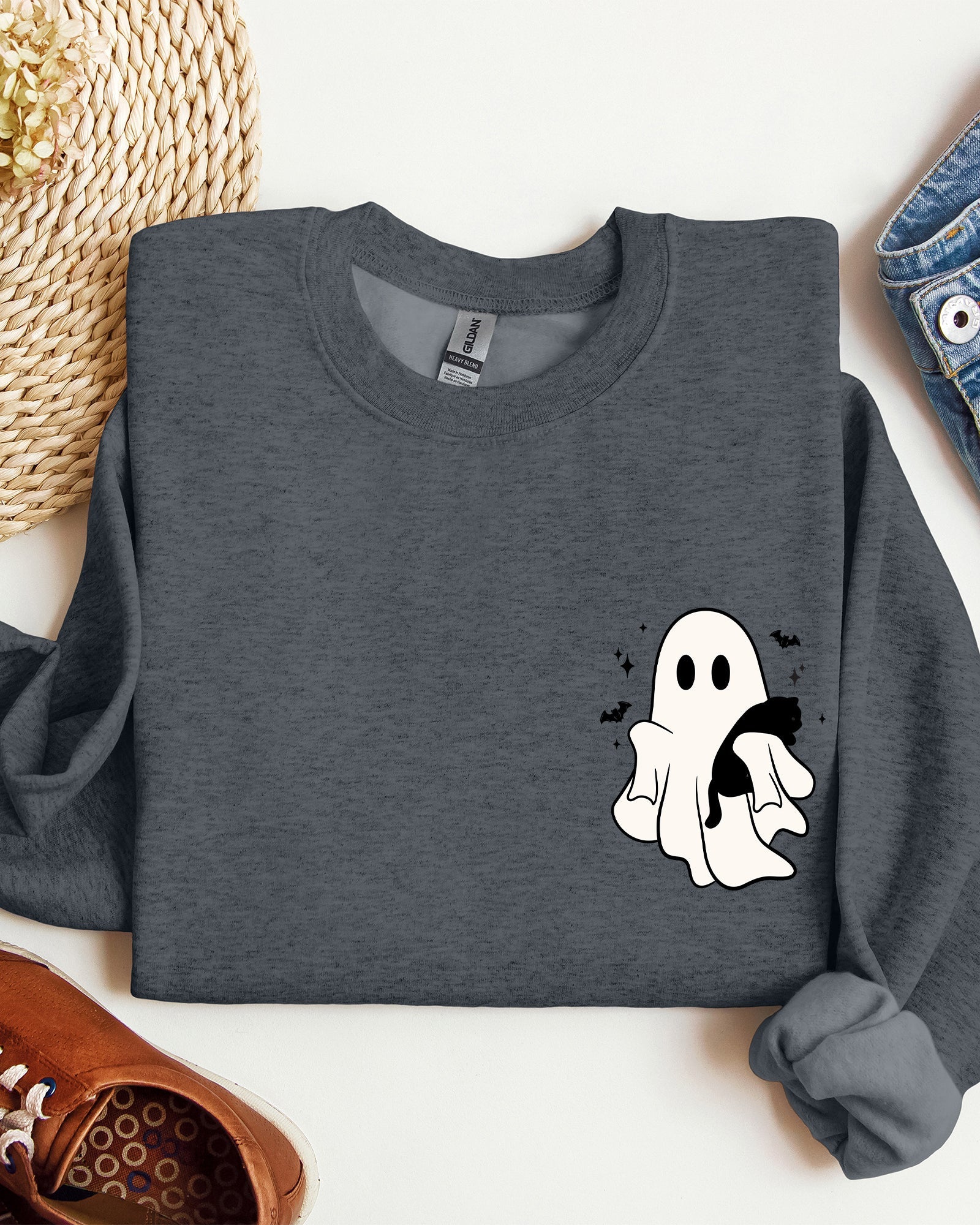 Cute Ghost With Cat Halloween Black Cat Witch Pocket Print Graphic Cozy Sweatshirt
