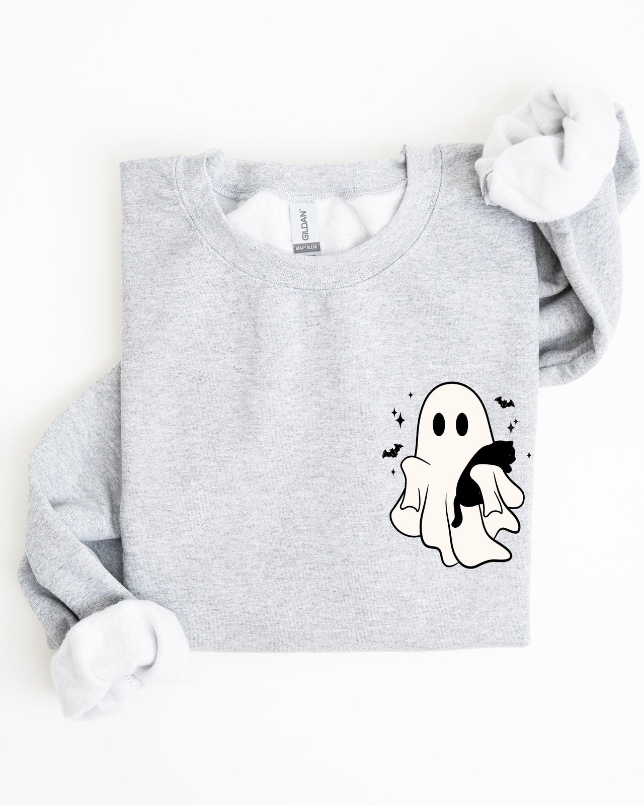 Cute Ghost With Cat Halloween Black Cat Witch Pocket Print Graphic Cozy Sweatshirt