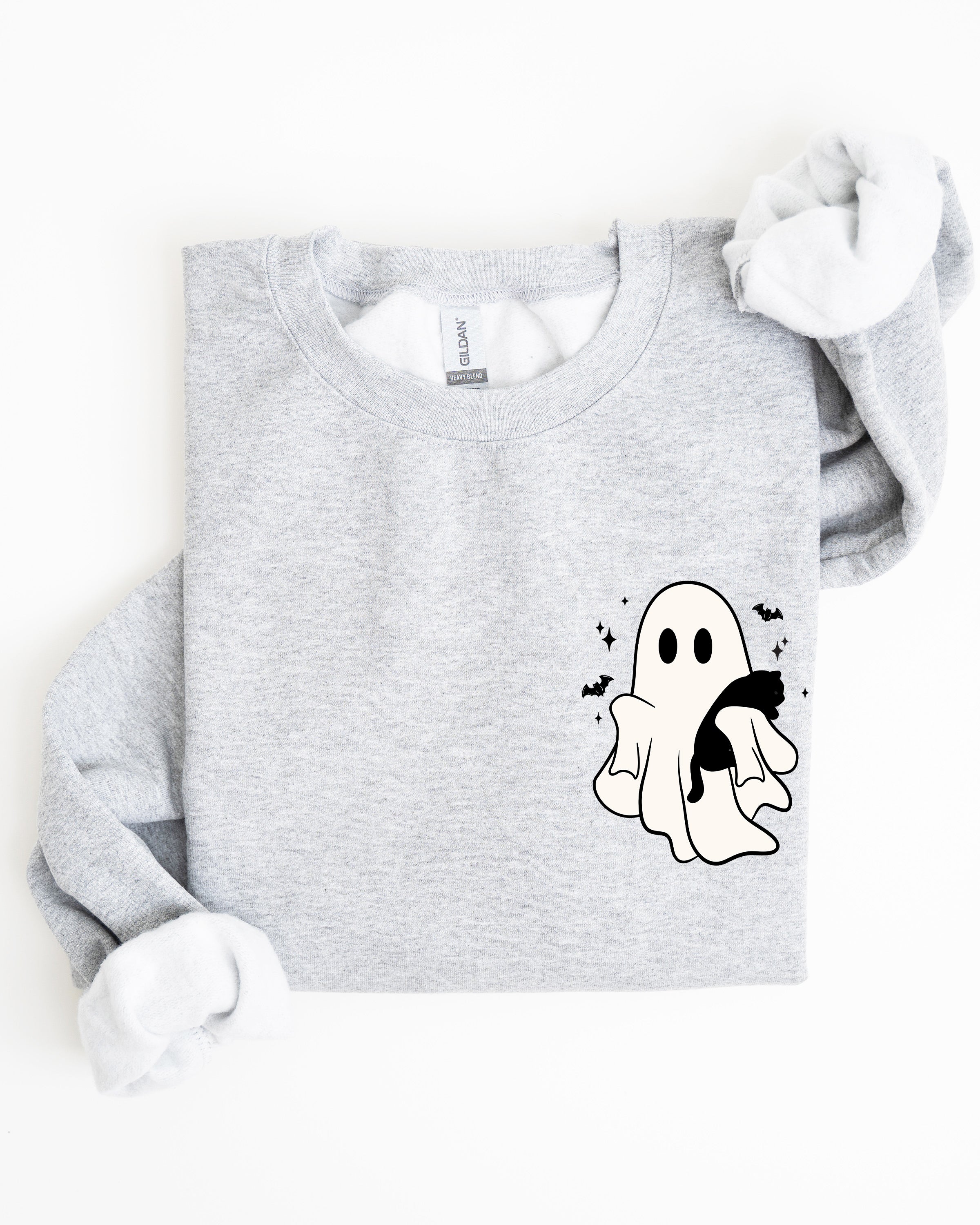 Cute Ghost With Cat Halloween Black Cat Witch Pocket Print Graphic Cozy Sweatshirt