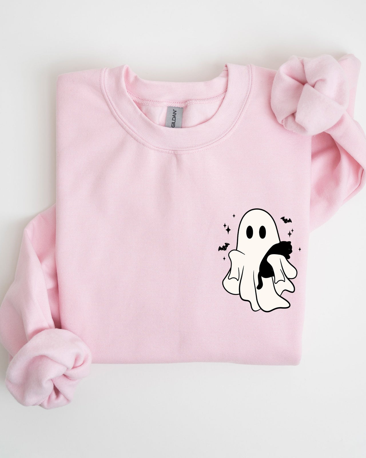 Cute Ghost With Cat Halloween Black Cat Witch Pocket Print Graphic Cozy Sweatshirt