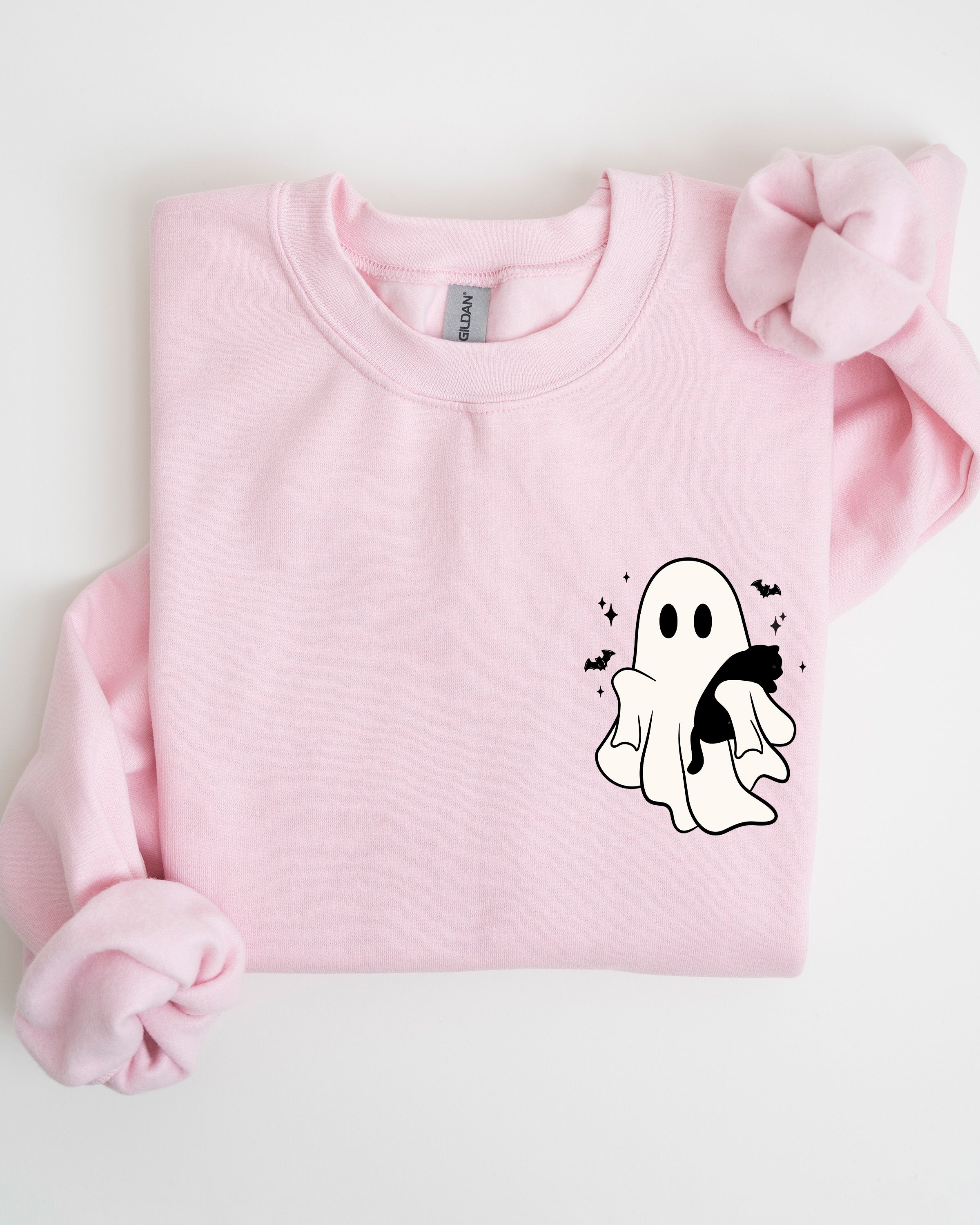 Cute Ghost With Cat Halloween Black Cat Witch Pocket Print Graphic Cozy Sweatshirt