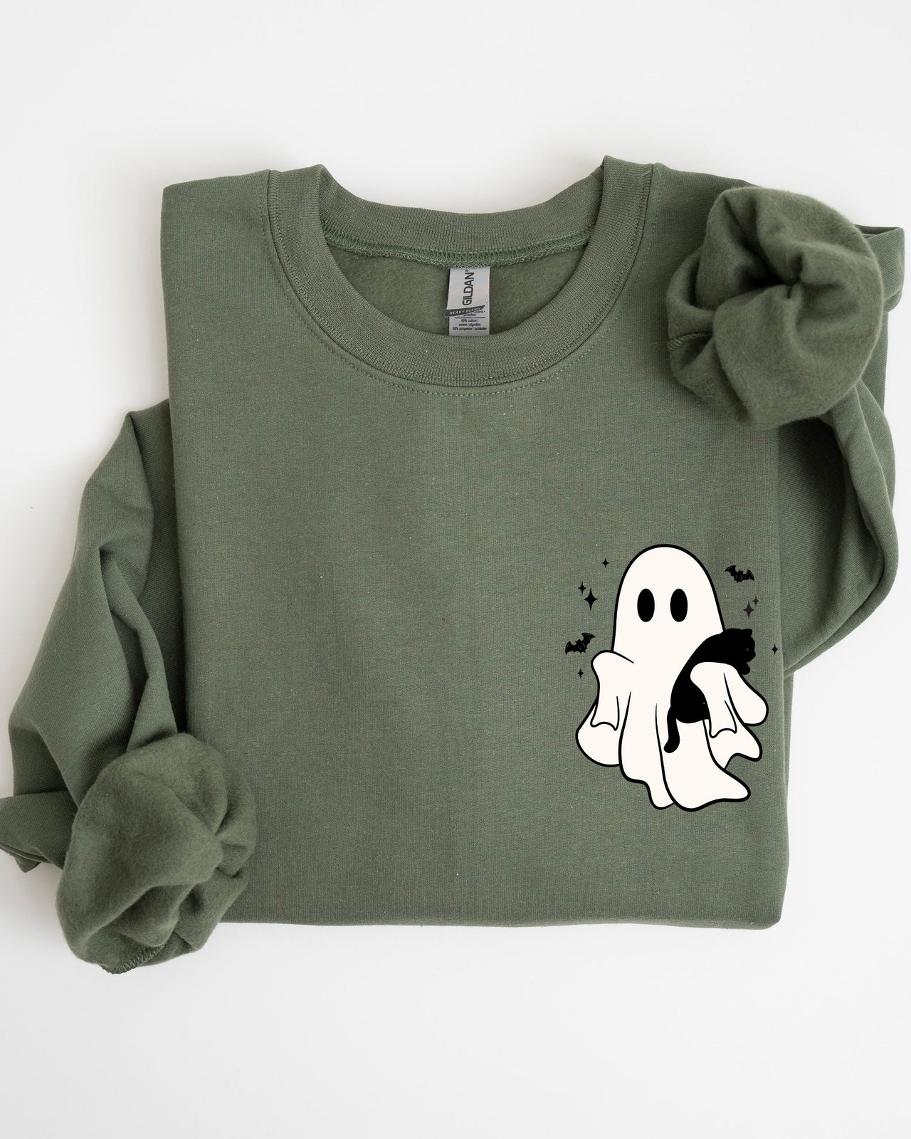 Cute Ghost With Cat Halloween Black Cat Witch Pocket Print Graphic Cozy Sweatshirt