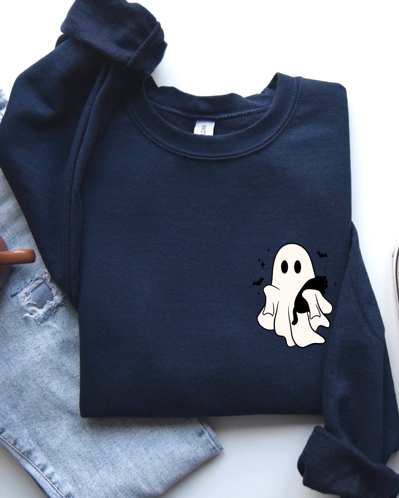 Cute Ghost With Cat Halloween Black Cat Witch Pocket Print Graphic Cozy Sweatshirt
