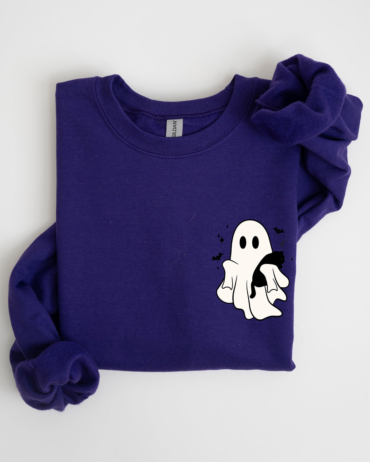 Cute Ghost With Cat Halloween Black Cat Witch Pocket Print Graphic Cozy Sweatshirt