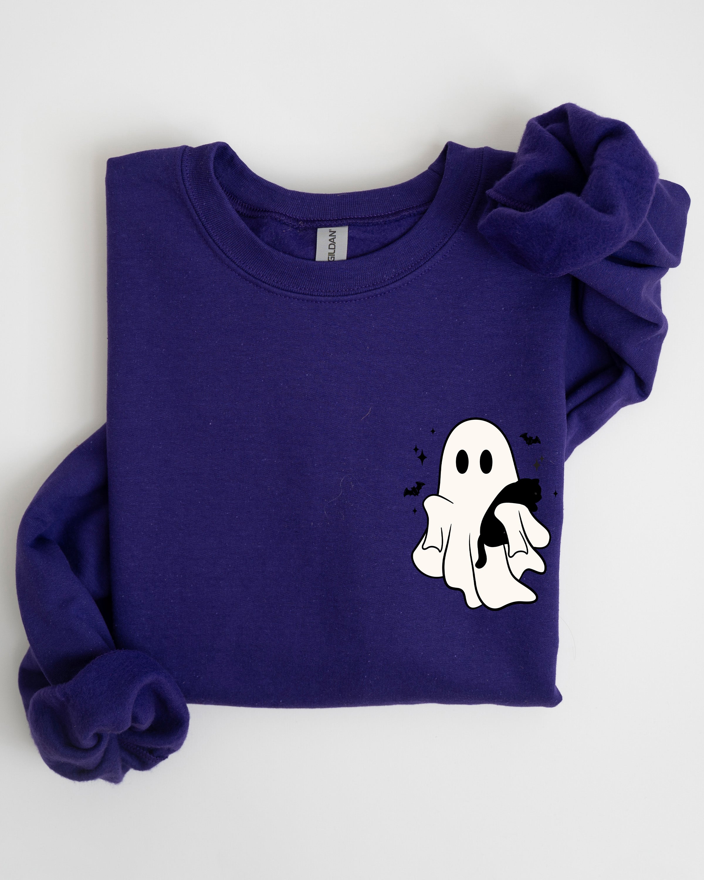 Cute Ghost With Cat Halloween Black Cat Witch Pocket Print Graphic Cozy Sweatshirt