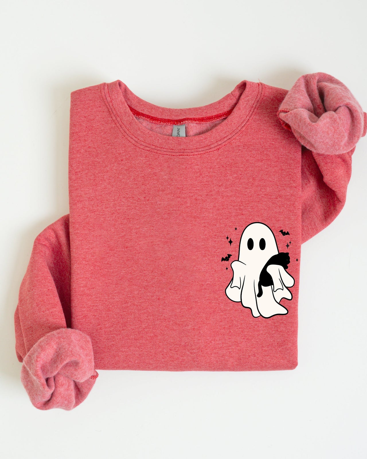 Cute Ghost With Cat Halloween Black Cat Witch Pocket Print Graphic Cozy Sweatshirt