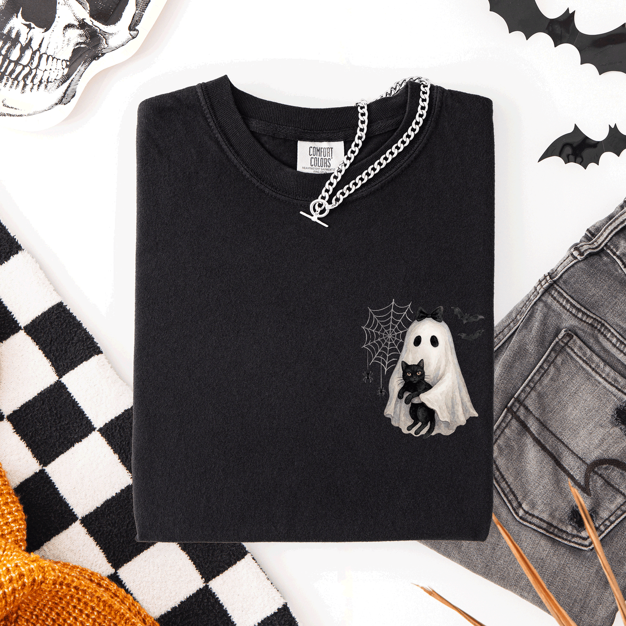 Cute Ghost Black Cat Halloween Coquette Pocket Edition Design Comfort Colors Tee