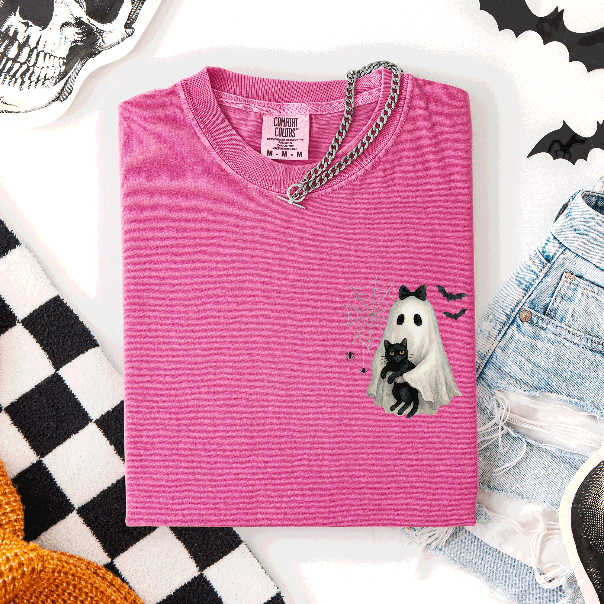 Cute Ghost Black Cat Halloween Coquette Pocket Edition Design Comfort Colors Tee