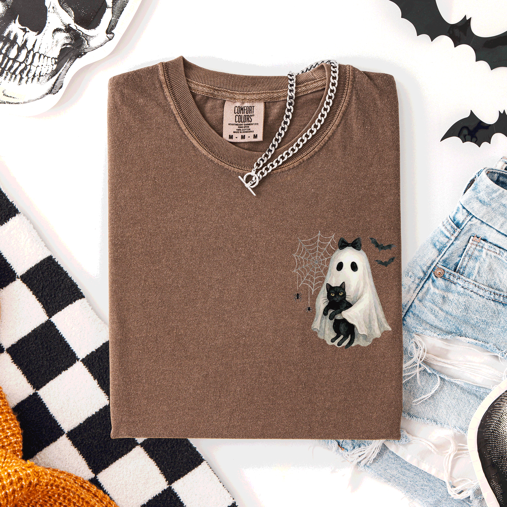 Cute Ghost Black Cat Halloween Coquette Pocket Edition Design Comfort Colors Tee