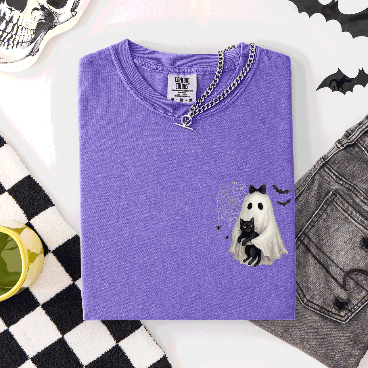Cute Ghost Black Cat Halloween Coquette Pocket Edition Design Comfort Colors Tee