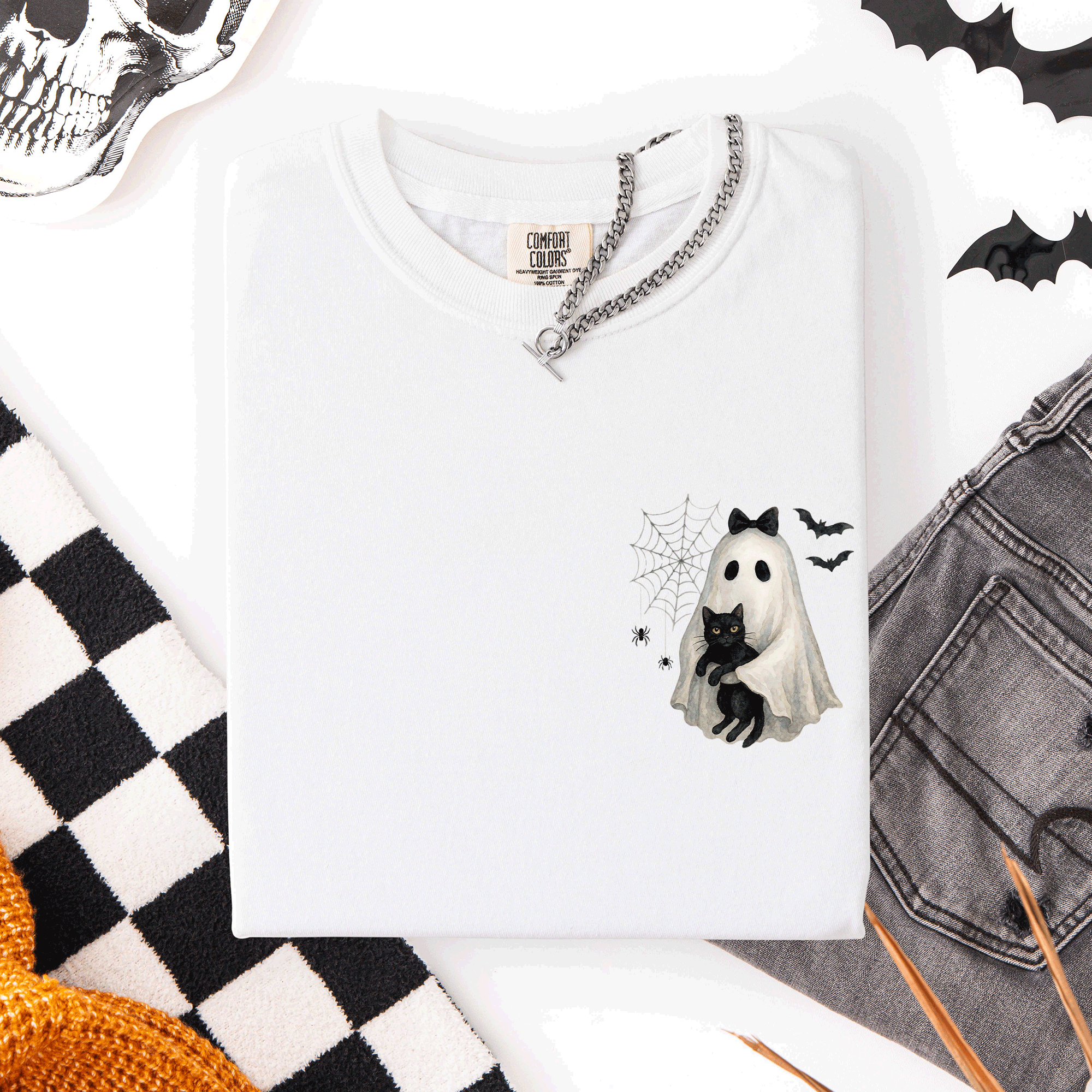 Cute Ghost Black Cat Halloween Coquette Pocket Edition Design Comfort Colors Tee