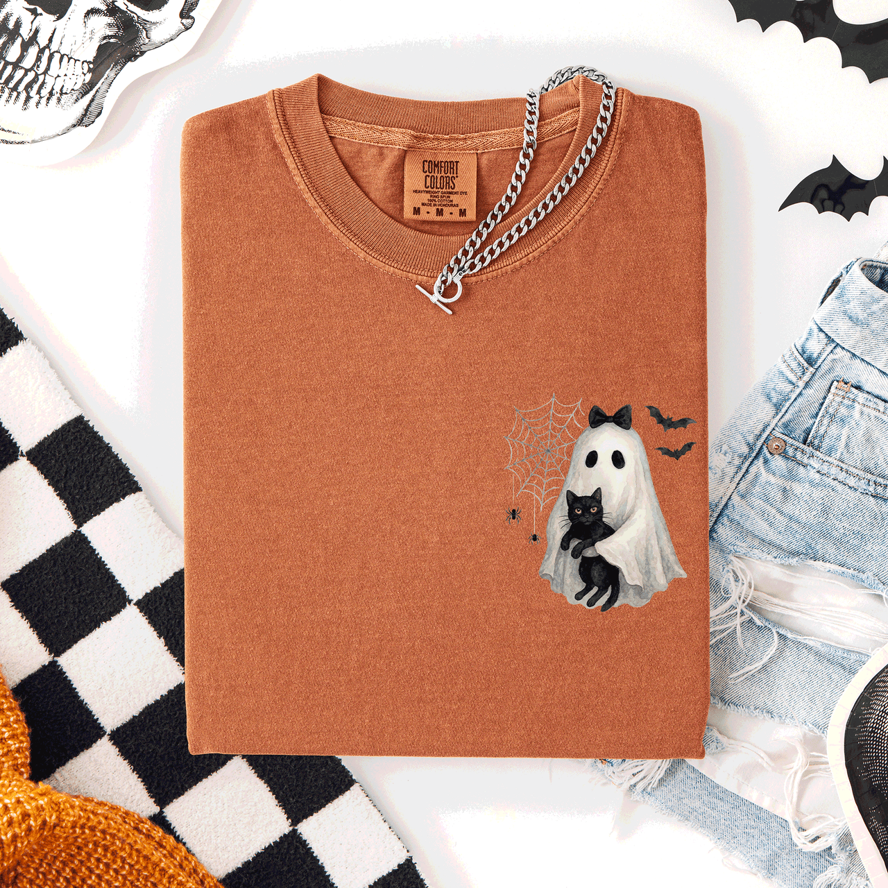 Cute Ghost Black Cat Halloween Coquette Pocket Edition Design Comfort Colors Tee