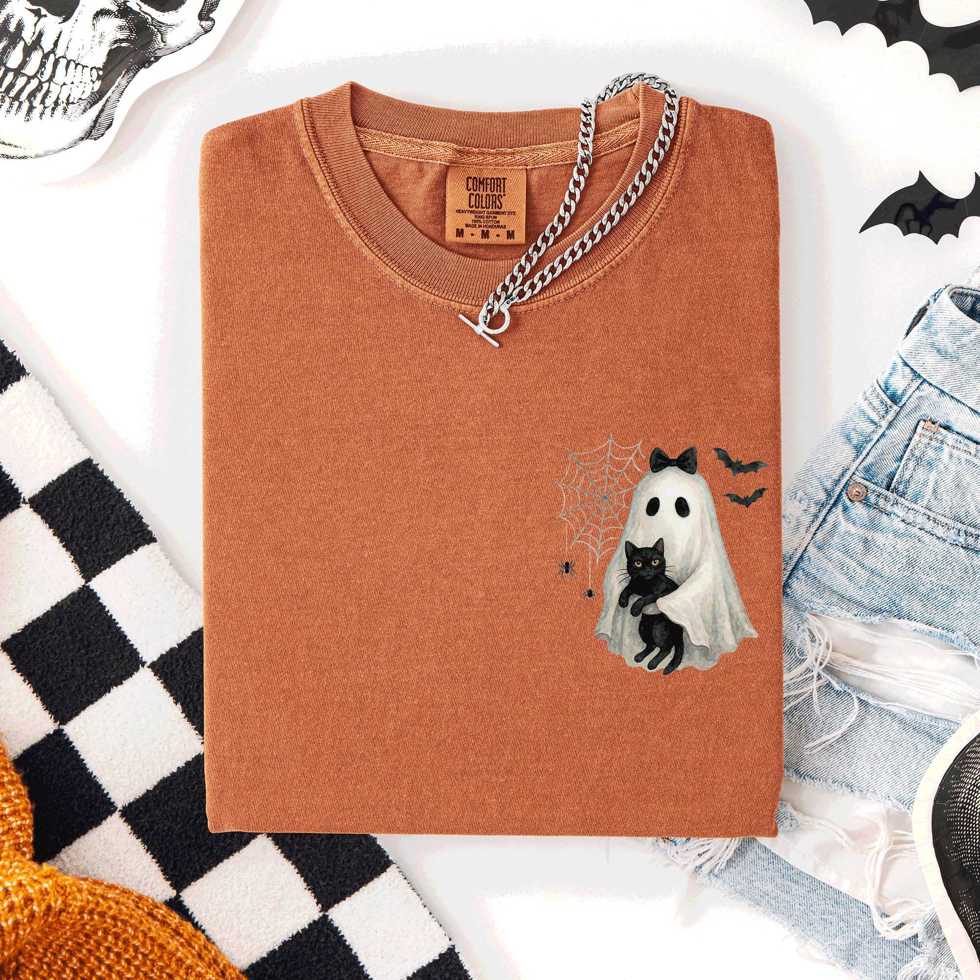 Cute Ghost Black Cat Halloween Coquette Pocket Edition Design Comfort Colors Tee