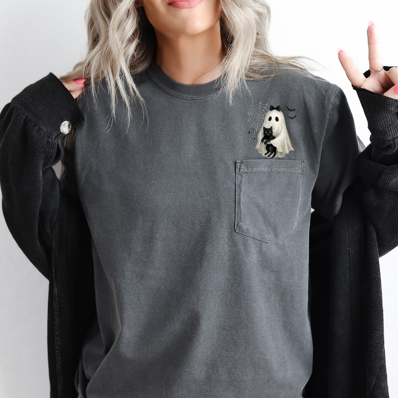 Cute Ghost Black Cat Halloween Coquette Western Frontier Charm Pocket Comfort Colors Tee