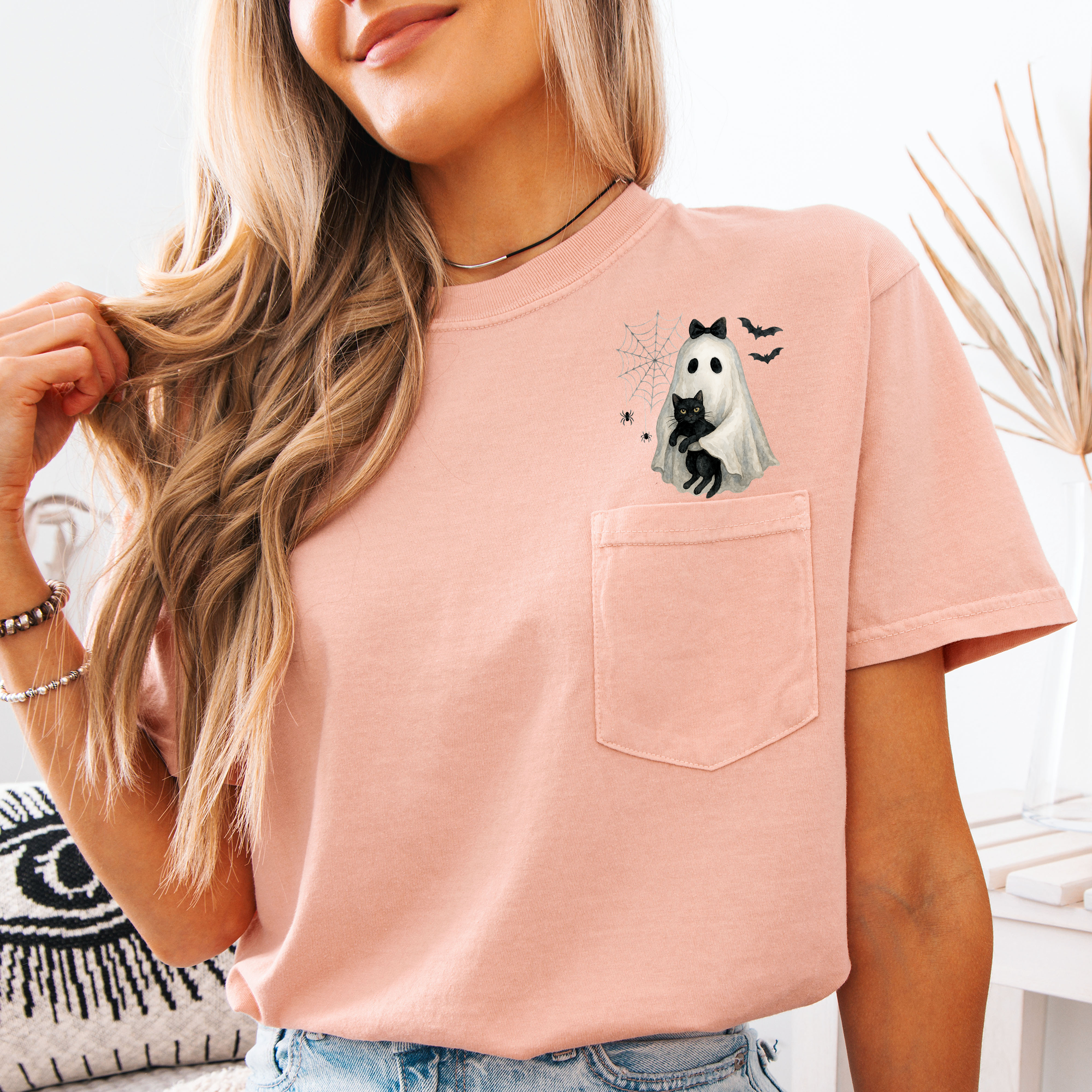 Cute Ghost Black Cat Halloween Coquette Western Frontier Charm Pocket Comfort Colors Tee