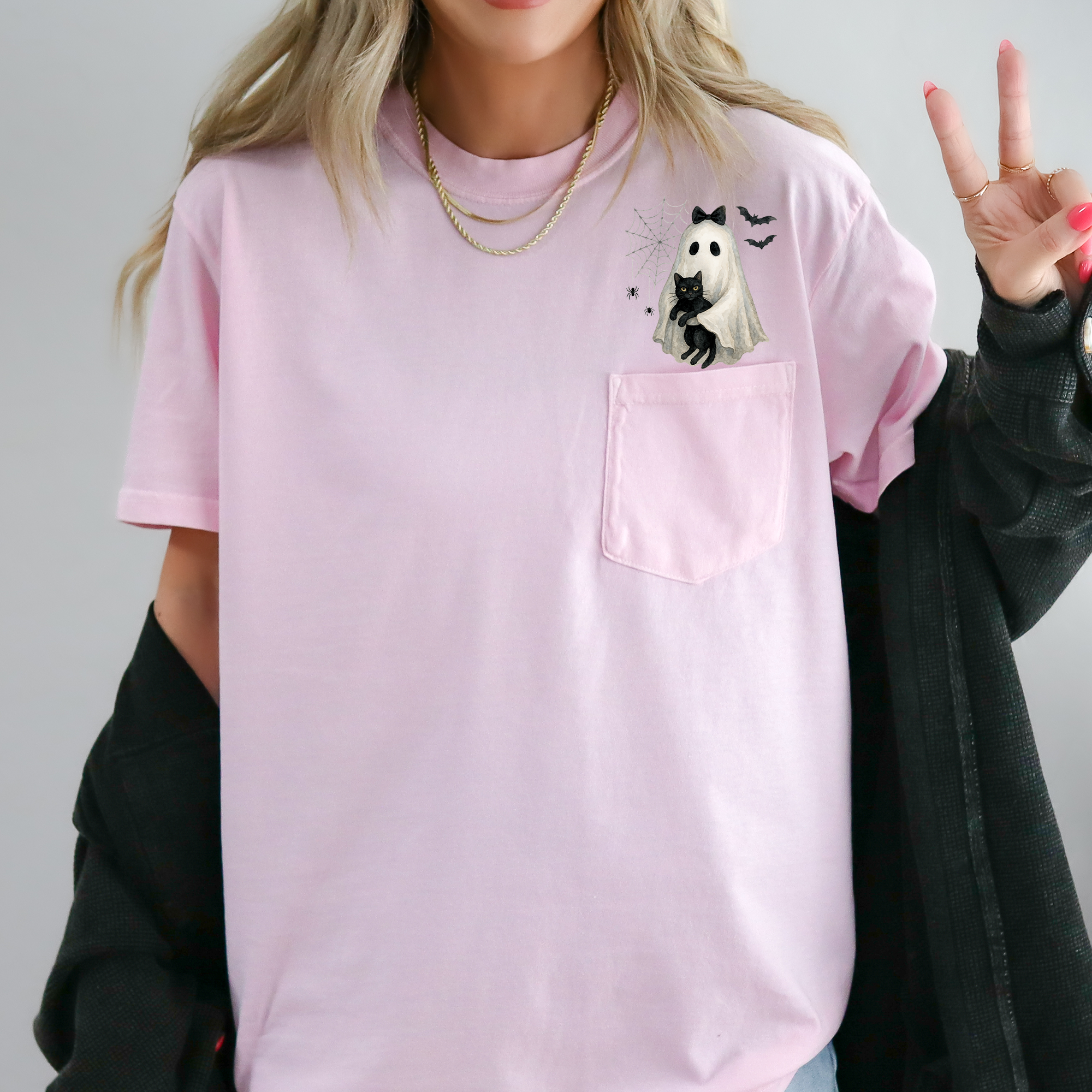 Cute Ghost Black Cat Halloween Coquette Western Frontier Charm Pocket Comfort Colors Tee