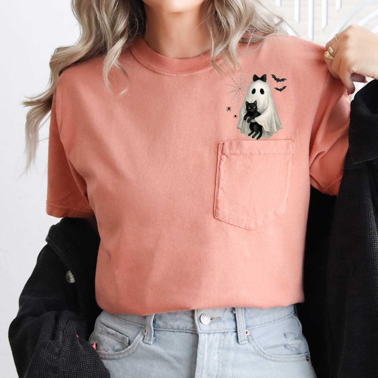 Cute Ghost Black Cat Halloween Coquette Western Frontier Charm Pocket Comfort Colors Tee