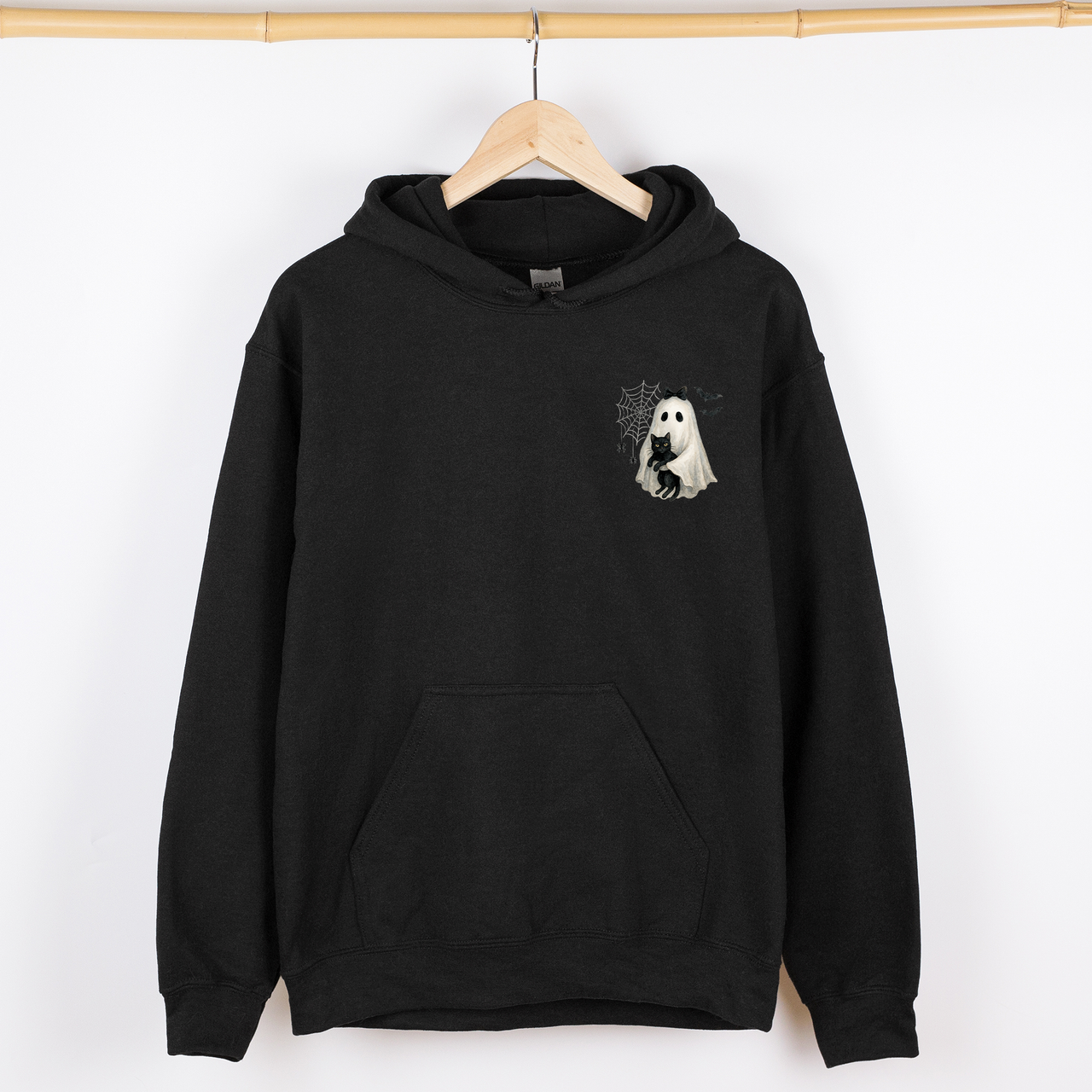 Cute Ghost And Black Cat Halloween Coquette Retro Jack-O-Lantern Whimsy Pocket Hoodie