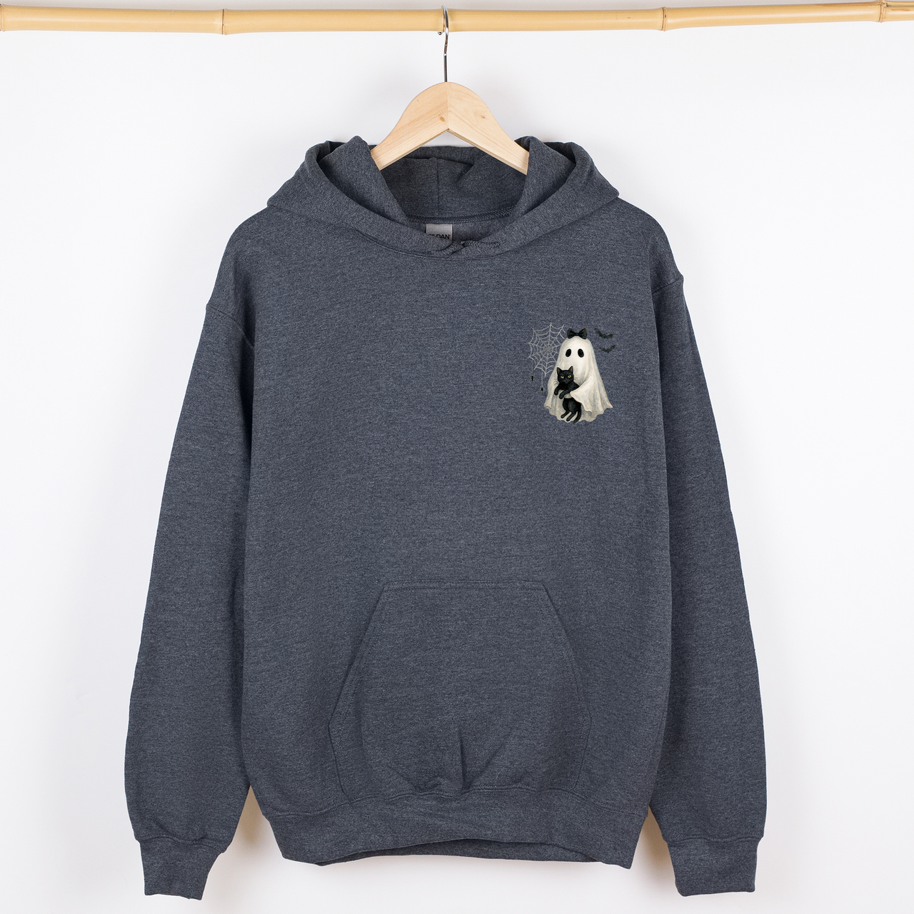 Cute Ghost And Black Cat Halloween Coquette Retro Jack-O-Lantern Whimsy Pocket Hoodie
