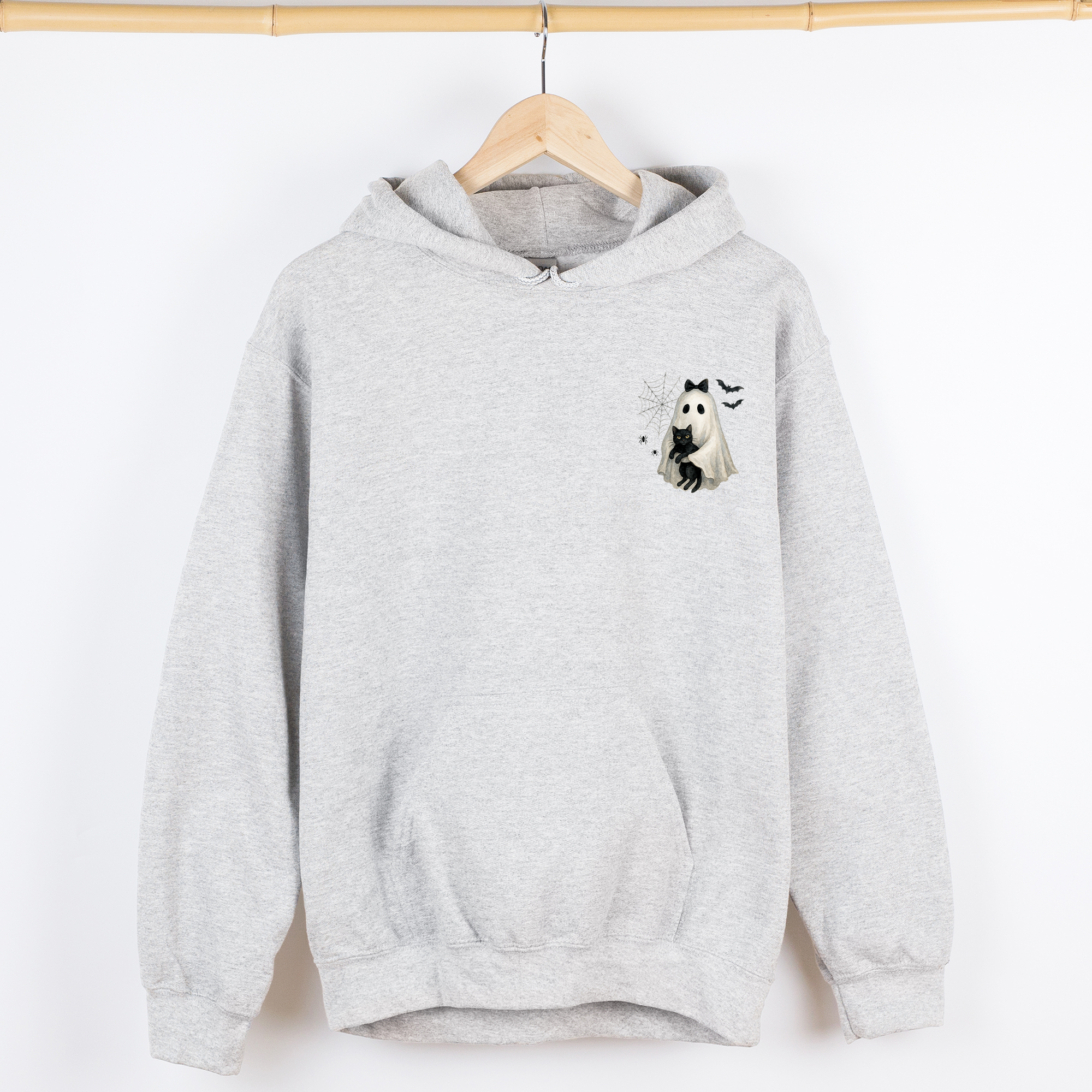 Cute Ghost And Black Cat Halloween Coquette Retro Jack-O-Lantern Whimsy Pocket Hoodie