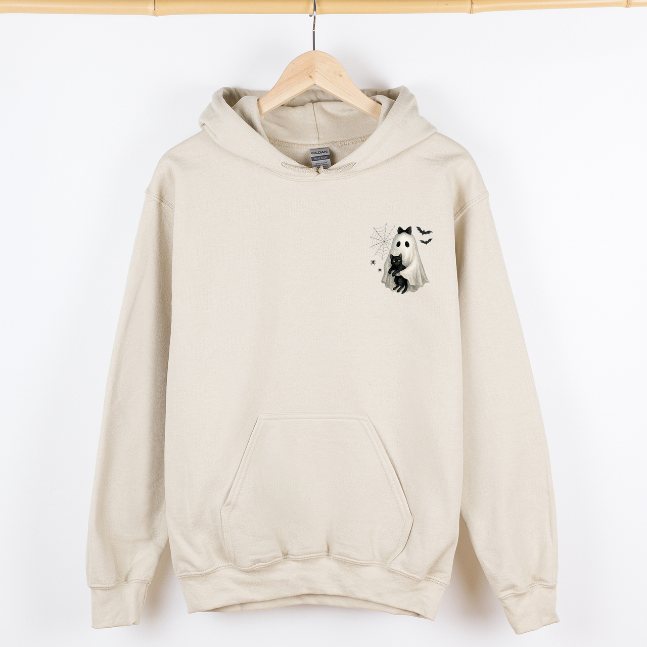 Cute Ghost And Black Cat Halloween Coquette Retro Jack-O-Lantern Whimsy Pocket Hoodie