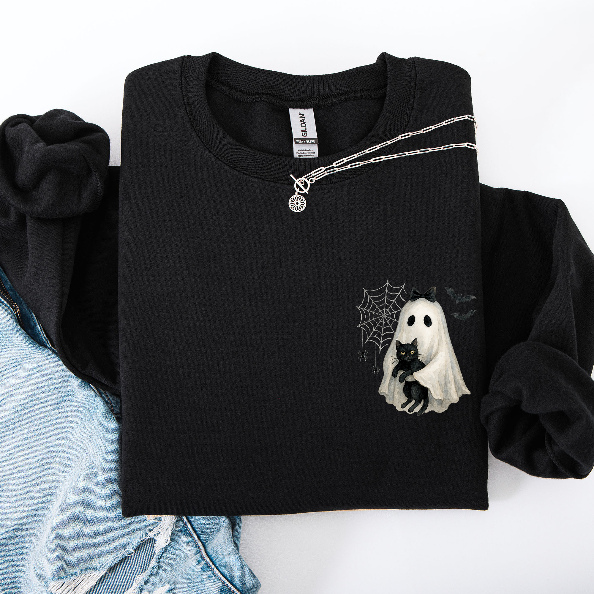 Cute Ghost, Black Cat, Halloween, Coquette Vintage Gothic Seasonal Pocket Sweatshirt