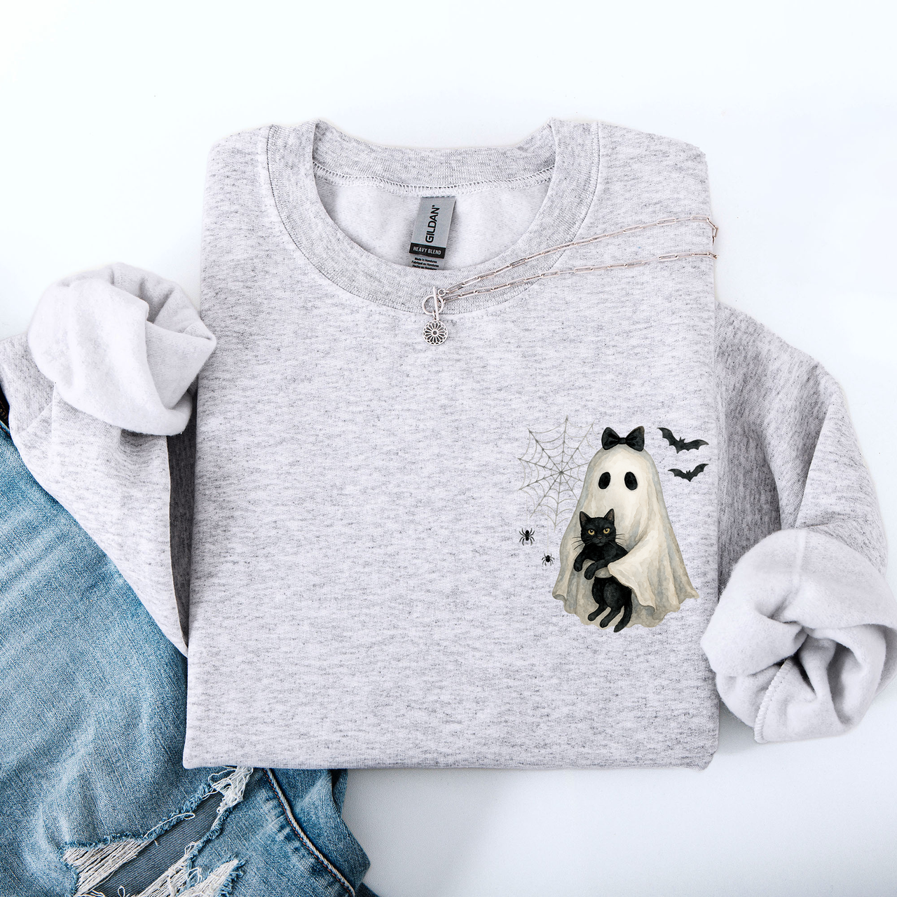 Cute Ghost, Black Cat, Halloween, Coquette Vintage Gothic Seasonal Pocket Sweatshirt