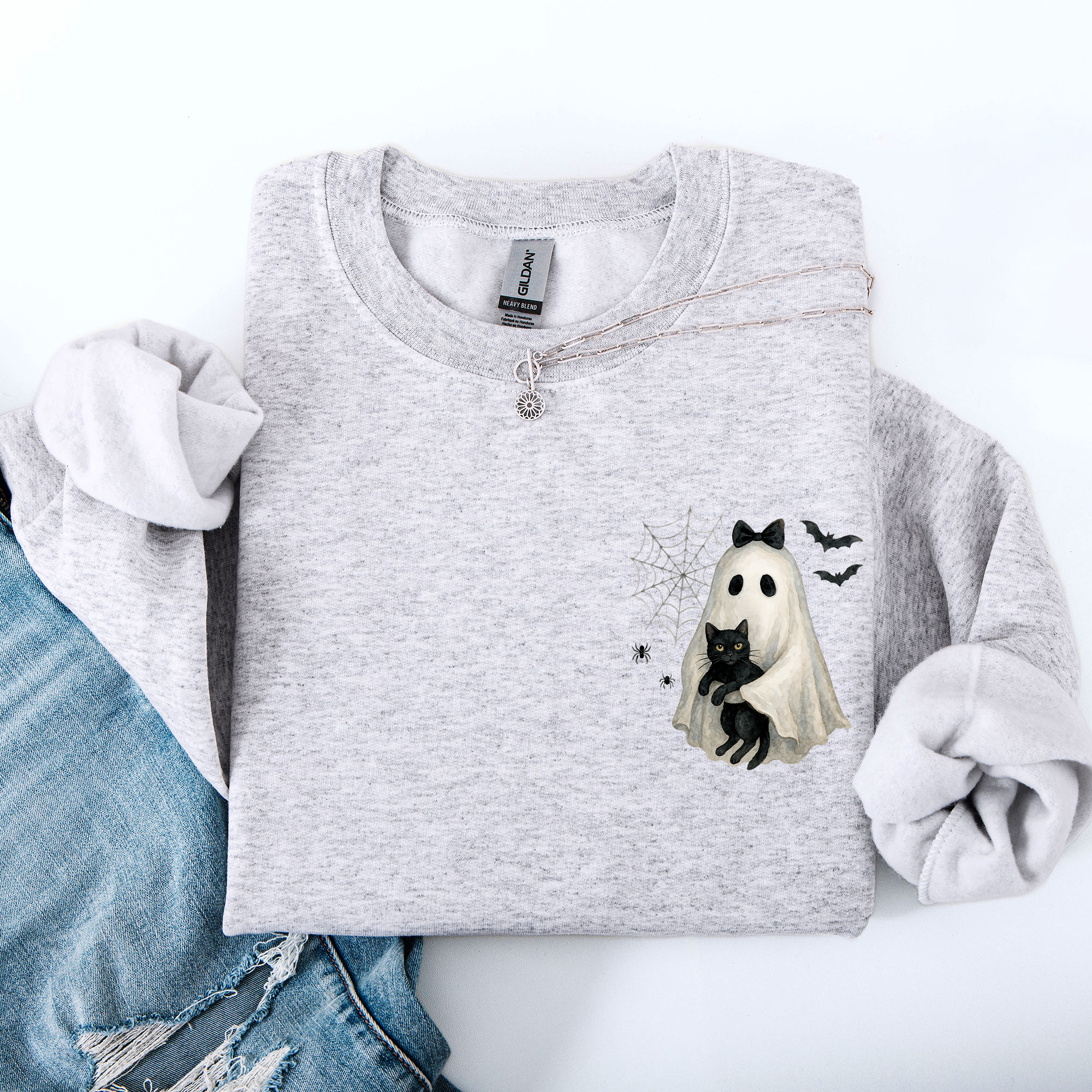 Cute Ghost, Black Cat, Halloween, Coquette Vintage Gothic Seasonal Pocket Sweatshirt