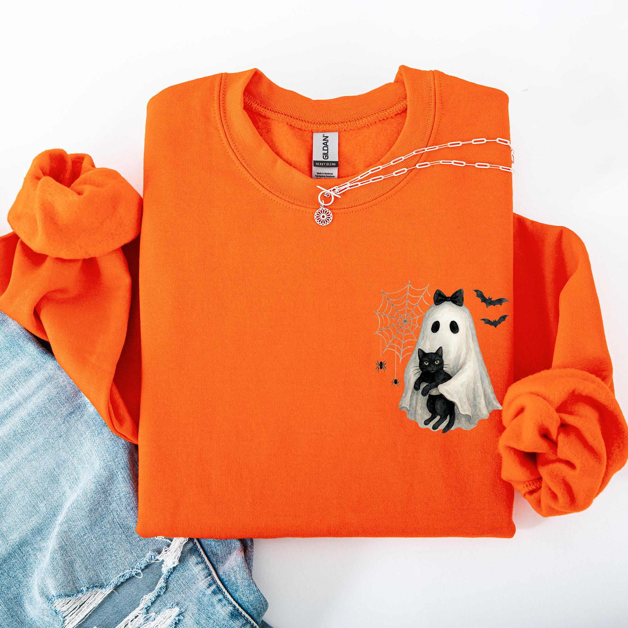 Cute Ghost, Black Cat, Halloween, Coquette Vintage Gothic Seasonal Pocket Sweatshirt