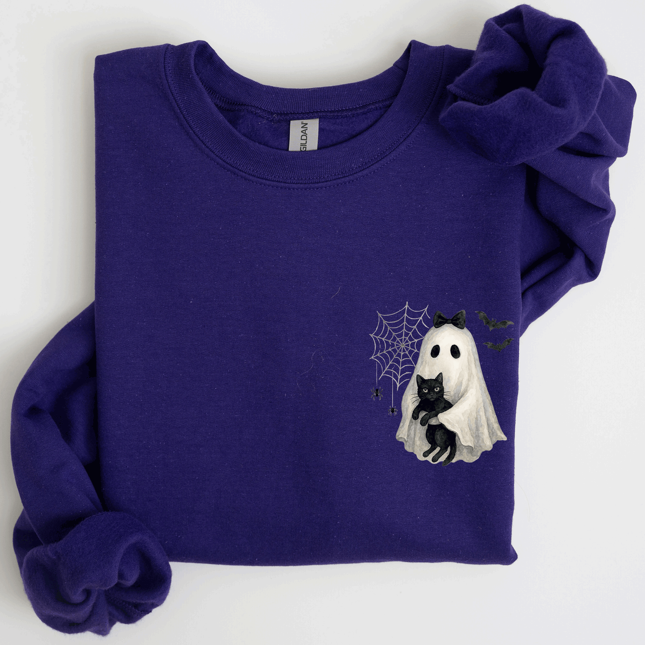 Cute Ghost, Black Cat, Halloween, Coquette Vintage Gothic Seasonal Pocket Sweatshirt