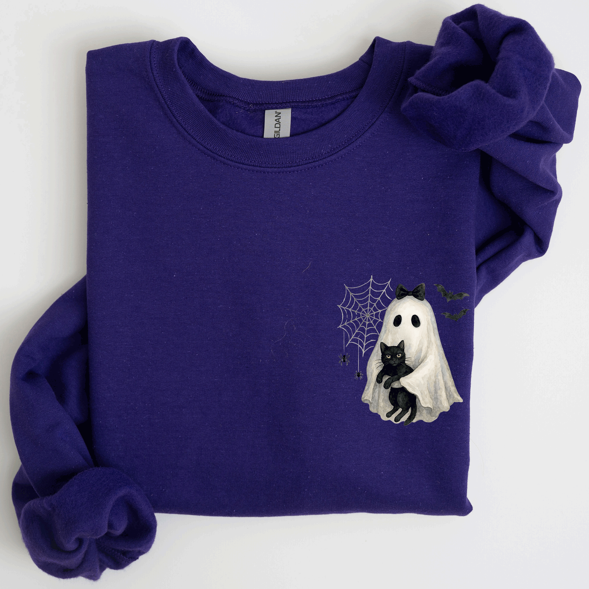 Cute Ghost, Black Cat, Halloween, Coquette Vintage Gothic Seasonal Pocket Sweatshirt