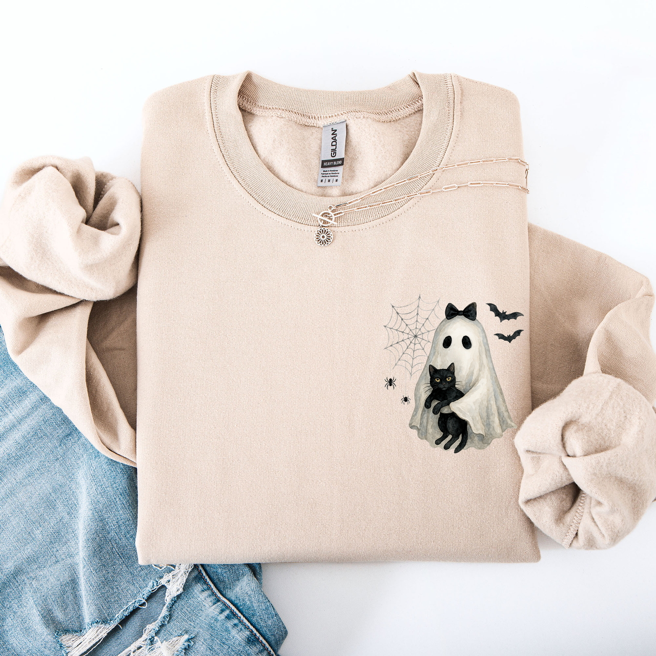 Cute Ghost, Black Cat, Halloween, Coquette Vintage Gothic Seasonal Pocket Sweatshirt
