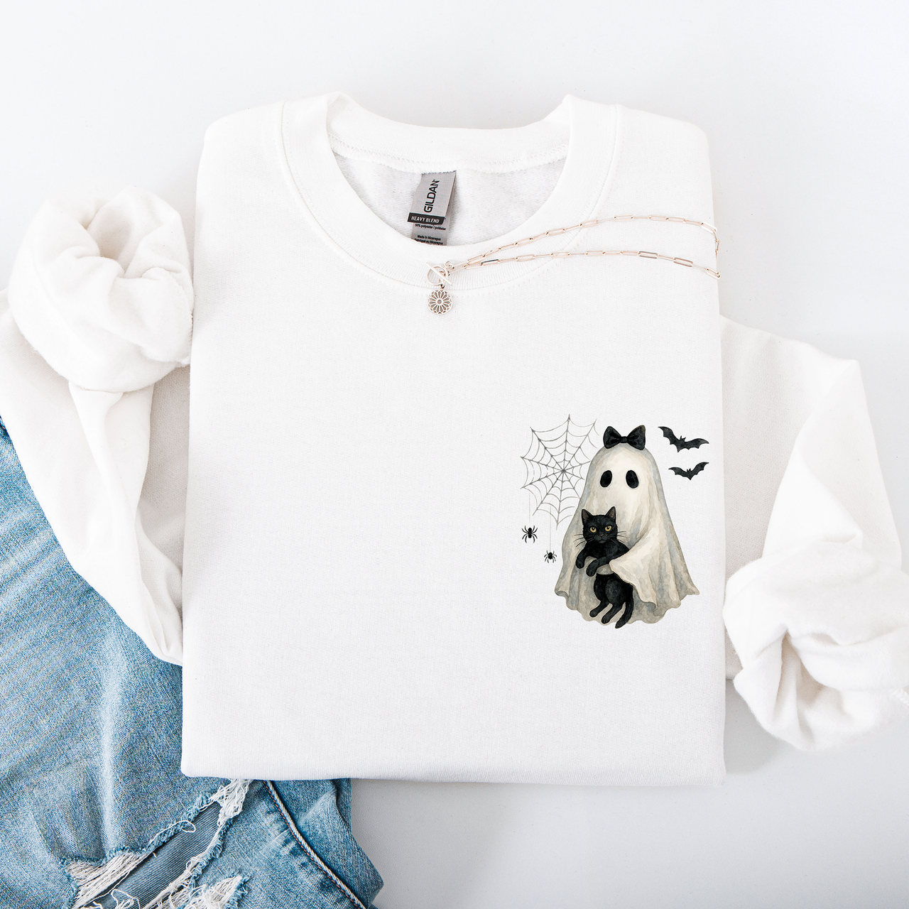Cute Ghost, Black Cat, Halloween, Coquette Vintage Gothic Seasonal Pocket Sweatshirt