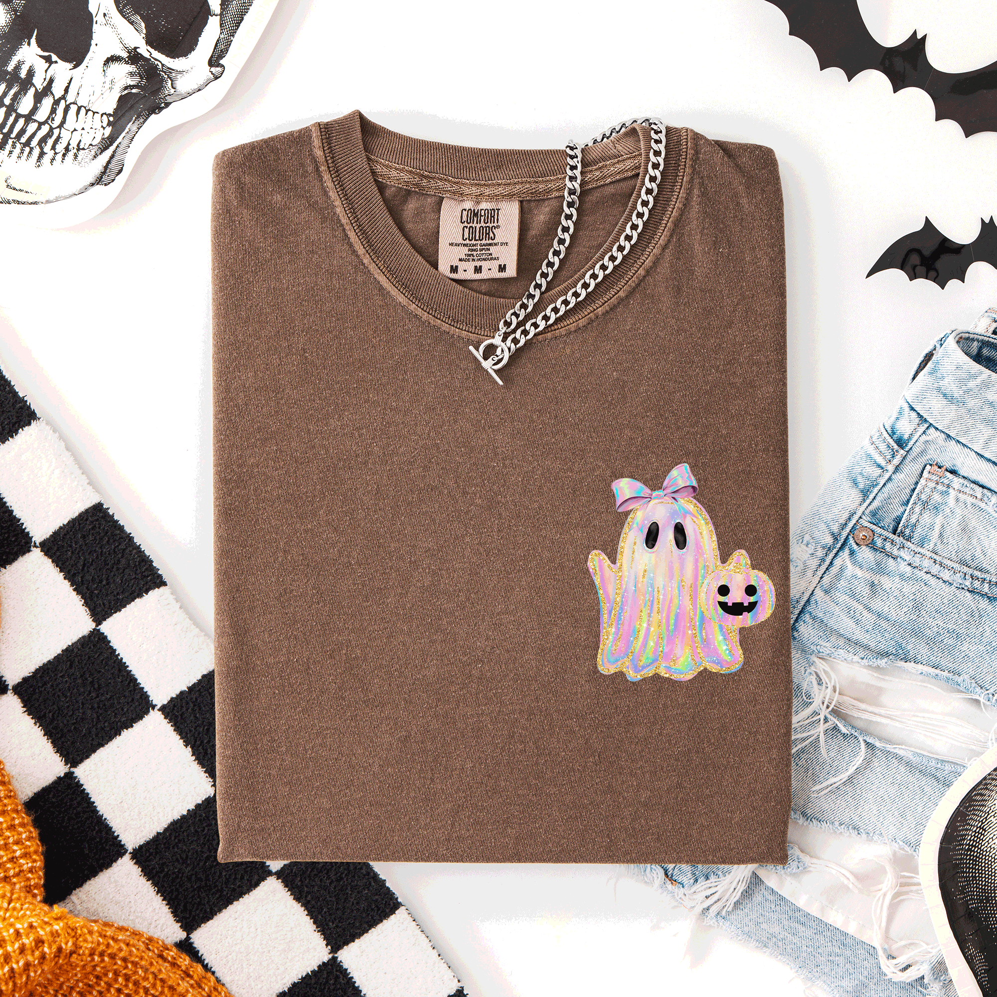 Cute Ghost Coquette Ribbon Faux Glitter Halloween Pocket Detail Comfort Colors Tee