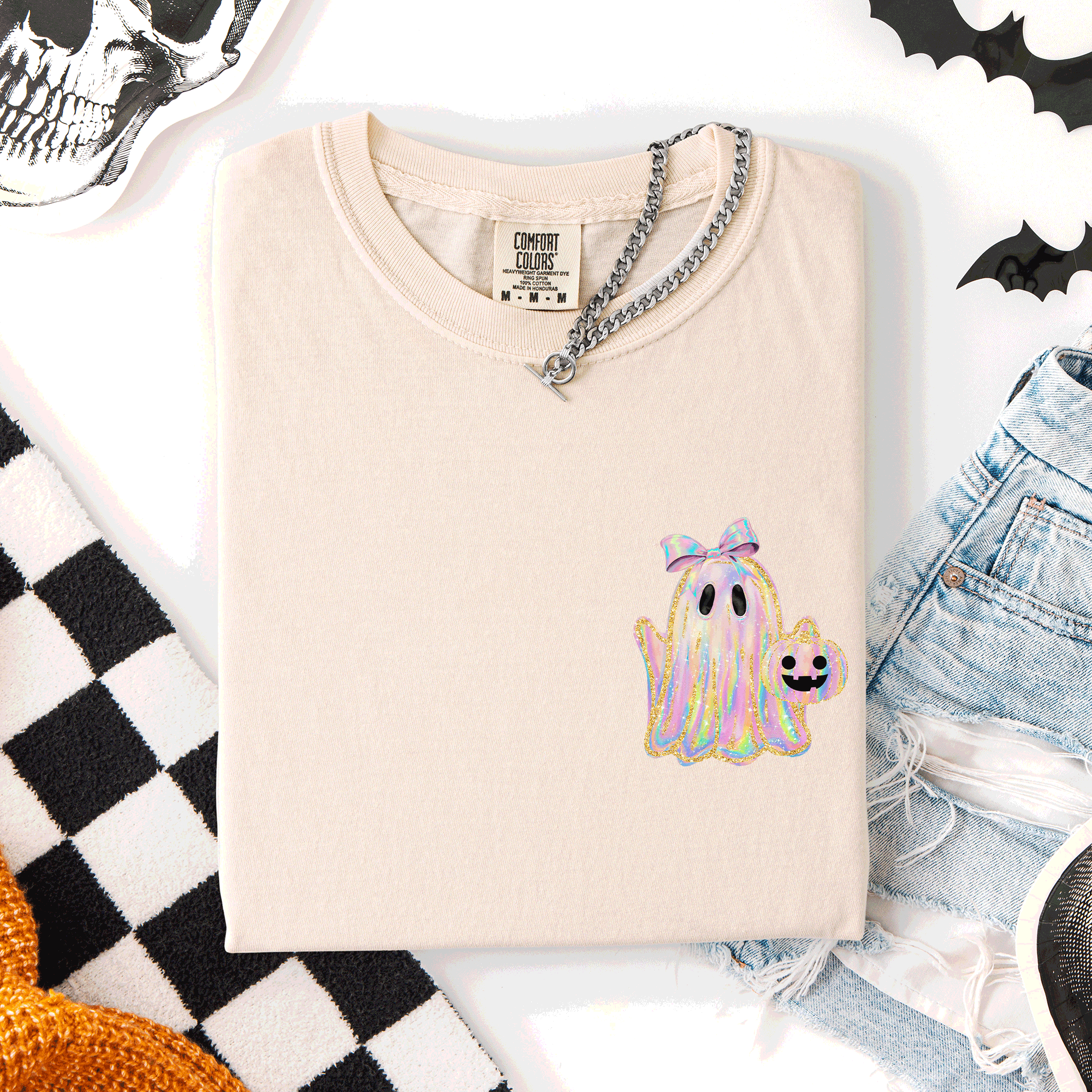 Cute Ghost Coquette Ribbon Faux Glitter Halloween Pocket Detail Comfort Colors Tee