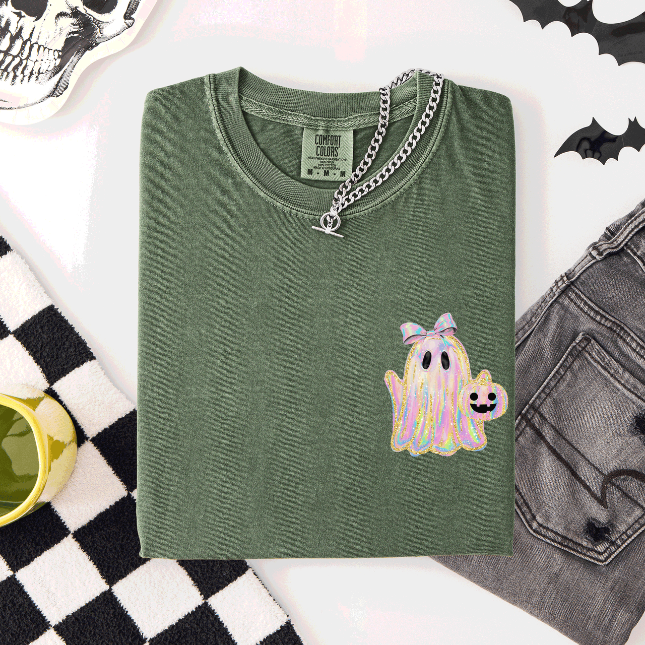 Cute Ghost Coquette Ribbon Faux Glitter Halloween Pocket Detail Comfort Colors Tee