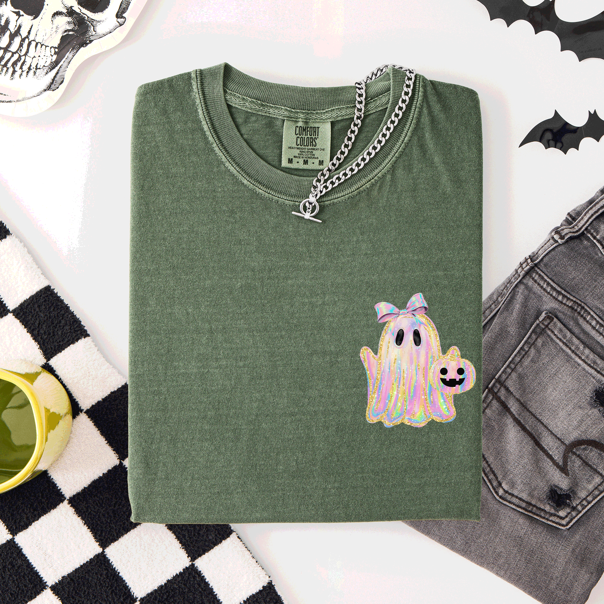 Cute Ghost Coquette Ribbon Faux Glitter Halloween Pocket Detail Comfort Colors Tee