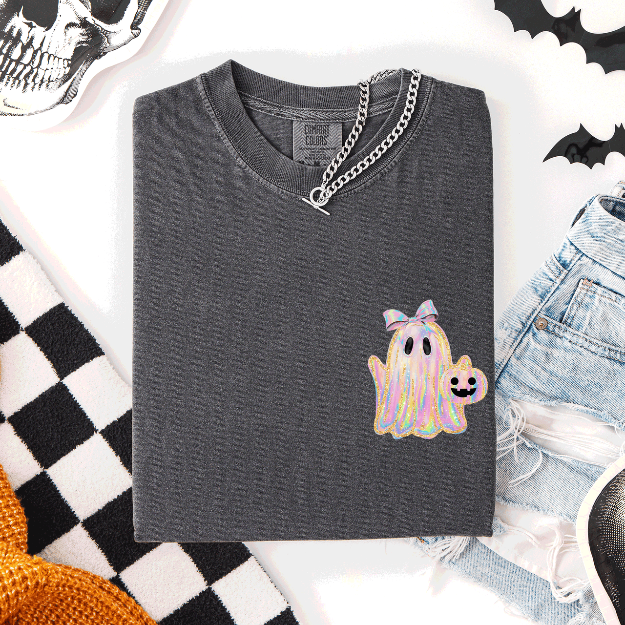 Cute Ghost Coquette Ribbon Faux Glitter Halloween Pocket Detail Comfort Colors Tee