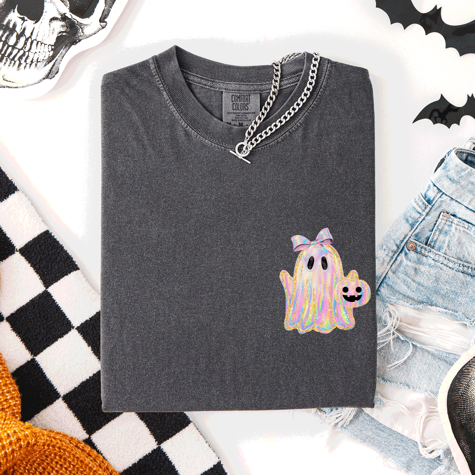 Cute Ghost Coquette Ribbon Faux Glitter Halloween Pocket Detail Comfort Colors Tee