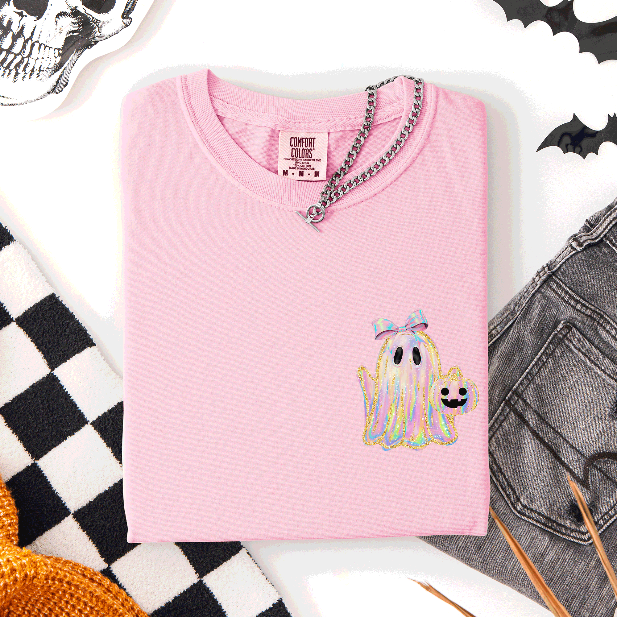 Cute Ghost Coquette Ribbon Faux Glitter Halloween Pocket Detail Comfort Colors Tee