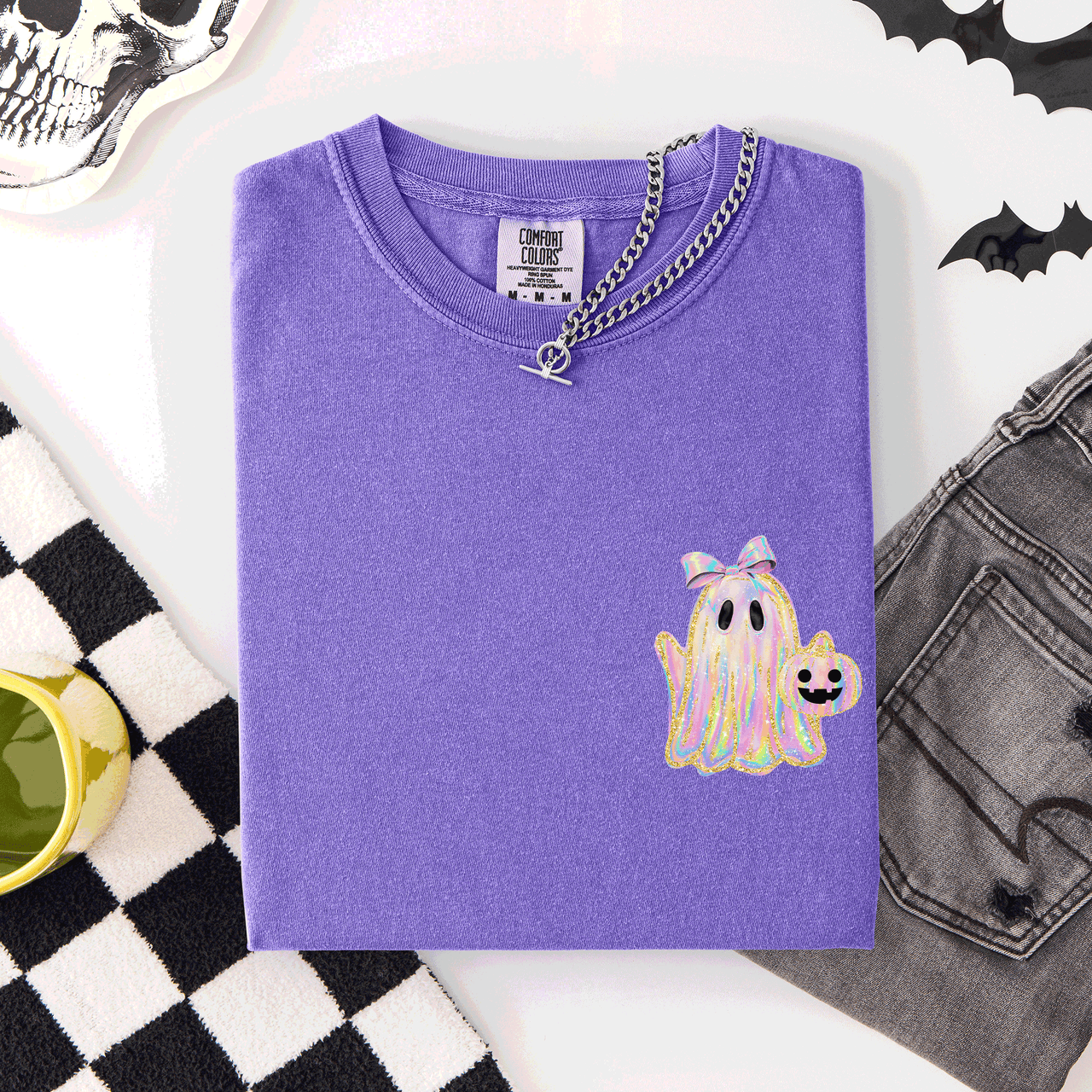 Cute Ghost Coquette Ribbon Faux Glitter Halloween Pocket Detail Comfort Colors Tee