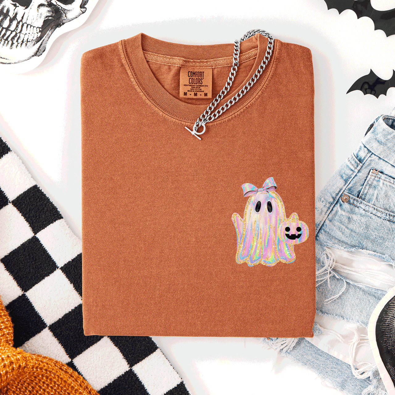 Cute Ghost Coquette Ribbon Faux Glitter Halloween Pocket Detail Comfort Colors Tee