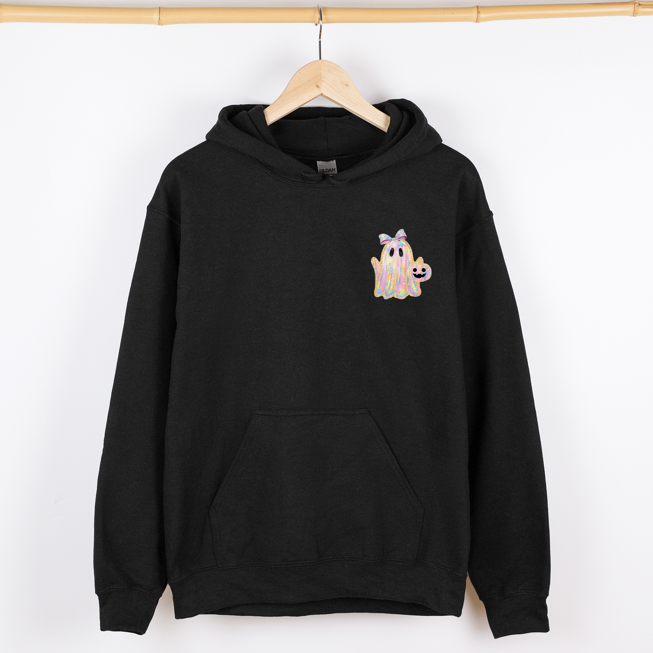 Cute Ghost Coquette Ribbon Faux Glitter Halloween Vintage Inspired Cozy Nighttime Charm Pocket Hoodie