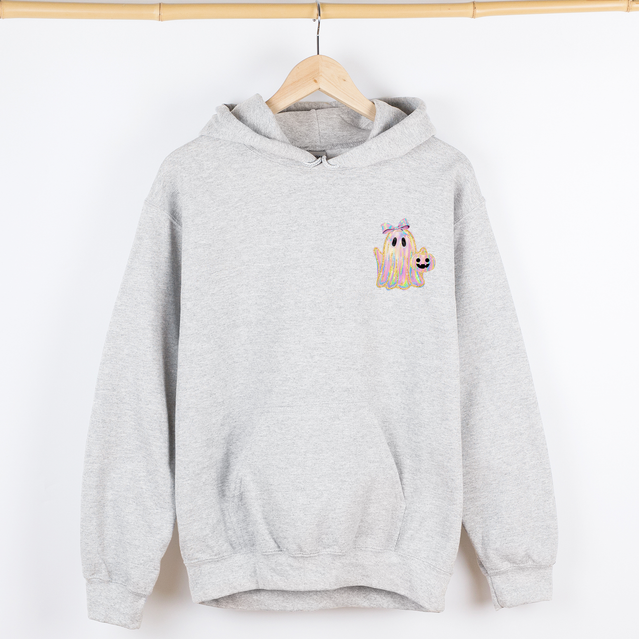 Cute Ghost Coquette Ribbon Faux Glitter Halloween Vintage Inspired Cozy Nighttime Charm Pocket Hoodie