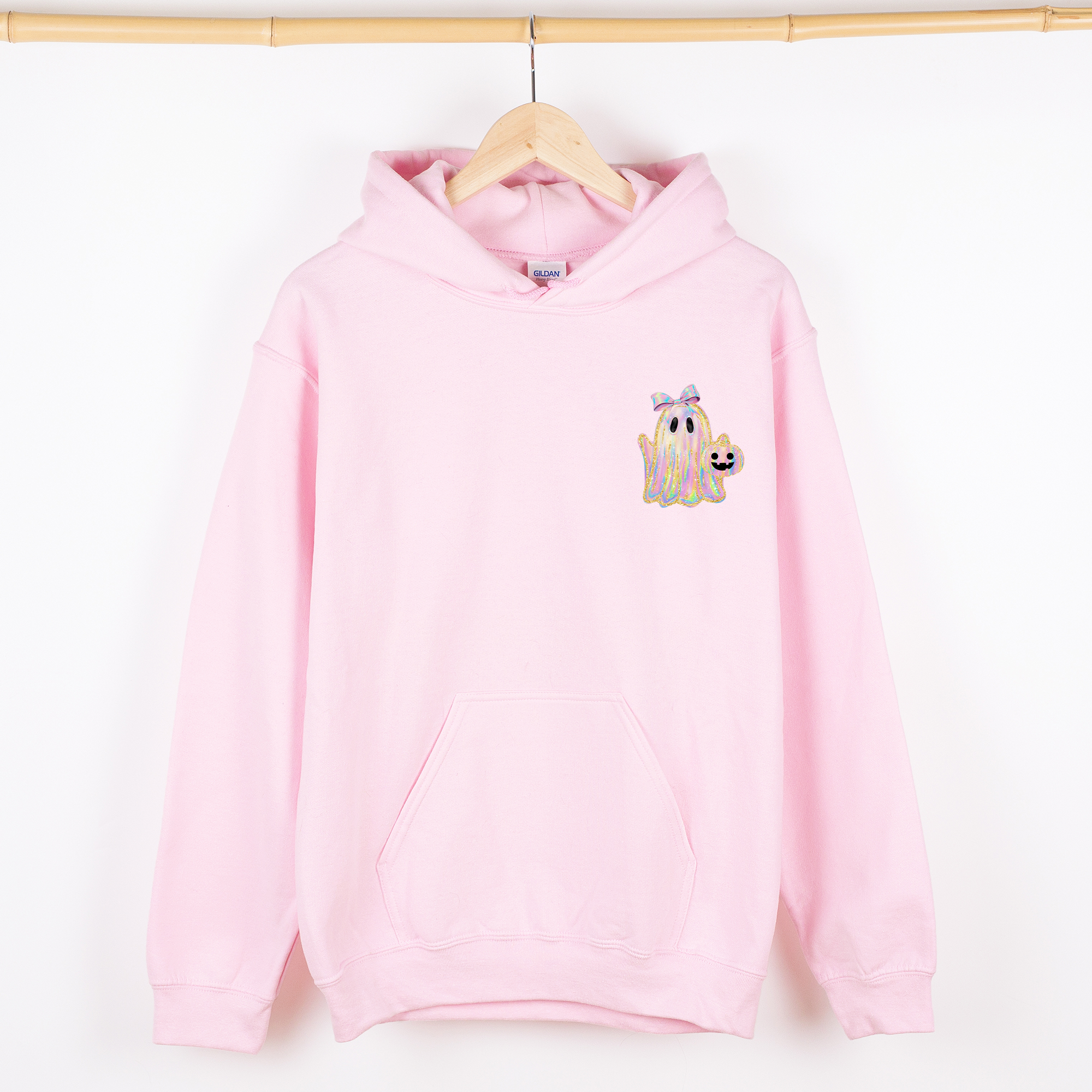 Cute Ghost Coquette Ribbon Faux Glitter Halloween Vintage Inspired Cozy Nighttime Charm Pocket Hoodie