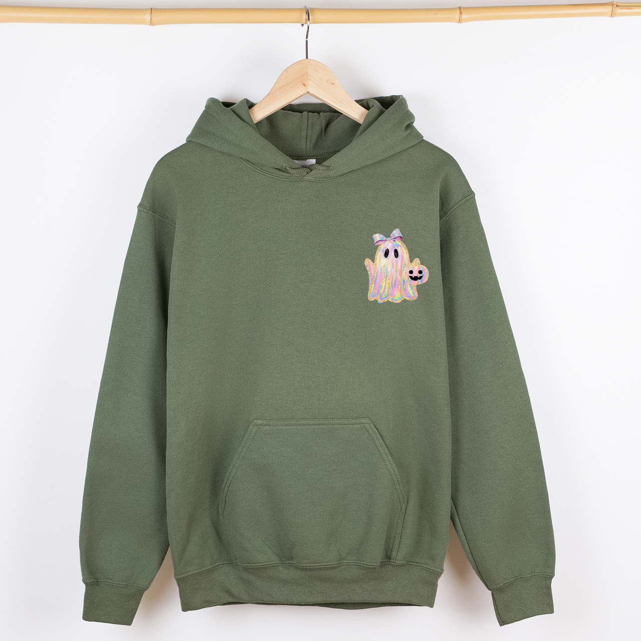 Cute Ghost Coquette Ribbon Faux Glitter Halloween Vintage Inspired Cozy Nighttime Charm Pocket Hoodie